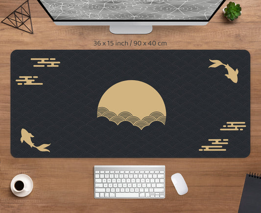 Black and gold desk mat with a koi fish and rising sun design