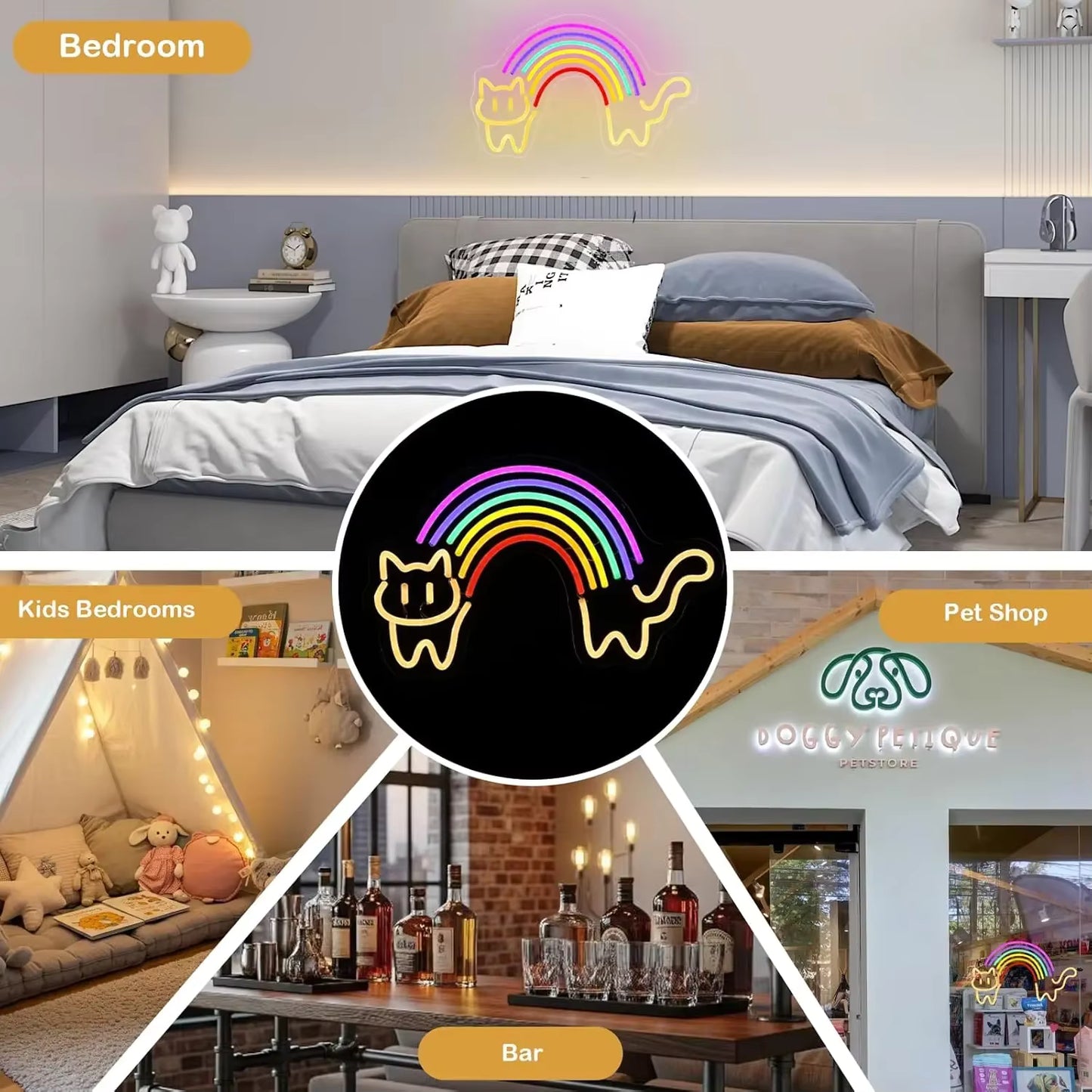 Rainbow cat neon light bedroom wall installation