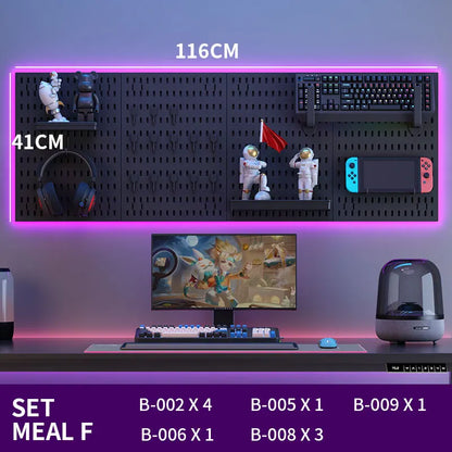 Black gaming pegboard wall organiser with holders, view 52