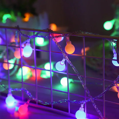 White ball garland lights bedroom wall decor