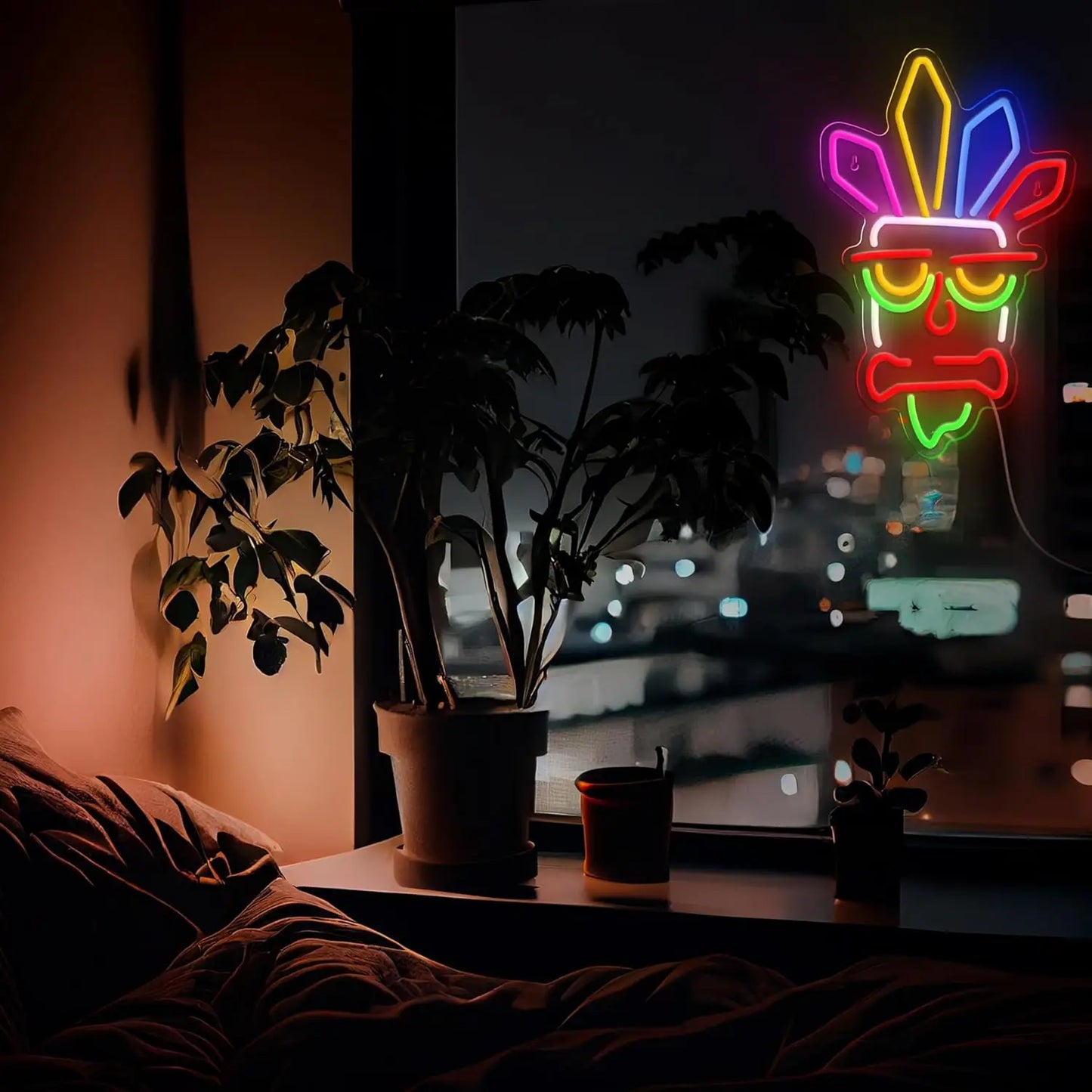 Neon sign with a face design in a dark room with plants and a window view.
