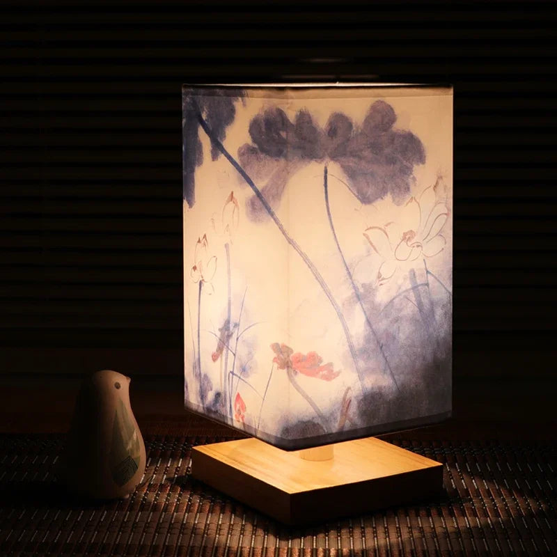 Vintage wooden desk lamp with warm light, premium wood construction and directional fabric shade for bedside lighting