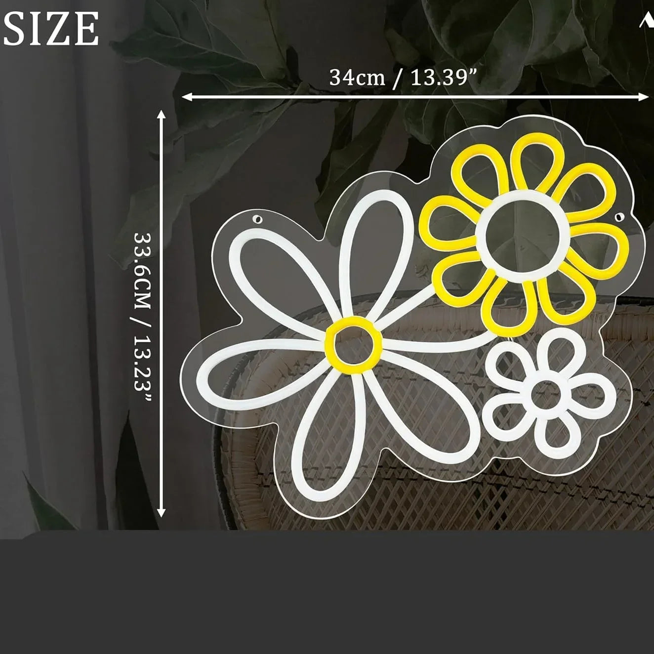 Floral design with measurements on a dark background