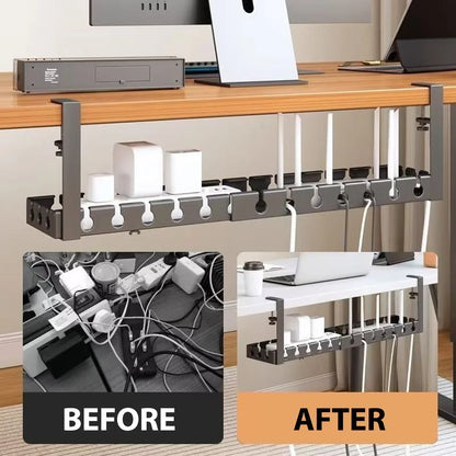 Under desk view of the metal wire organiser in use
