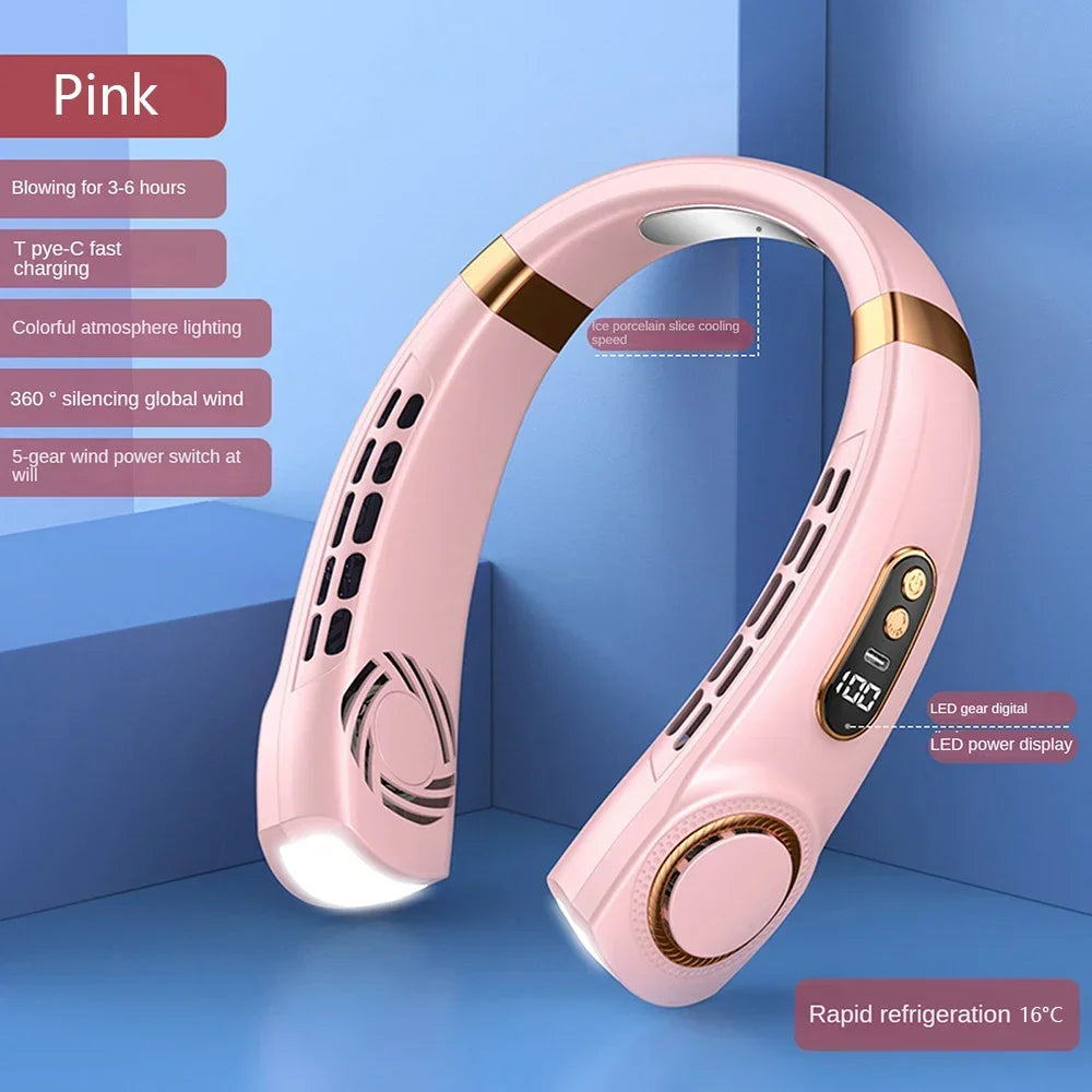 Bladeless Neck Fan Rechargeable, Portable Hands-Free USB Neck Fan with LED Digital Display, 5 Speed Settings, Colourful Atmosphere Light, Quiet Wearable Personal Fan for Home, Office, Outdoor and Travel