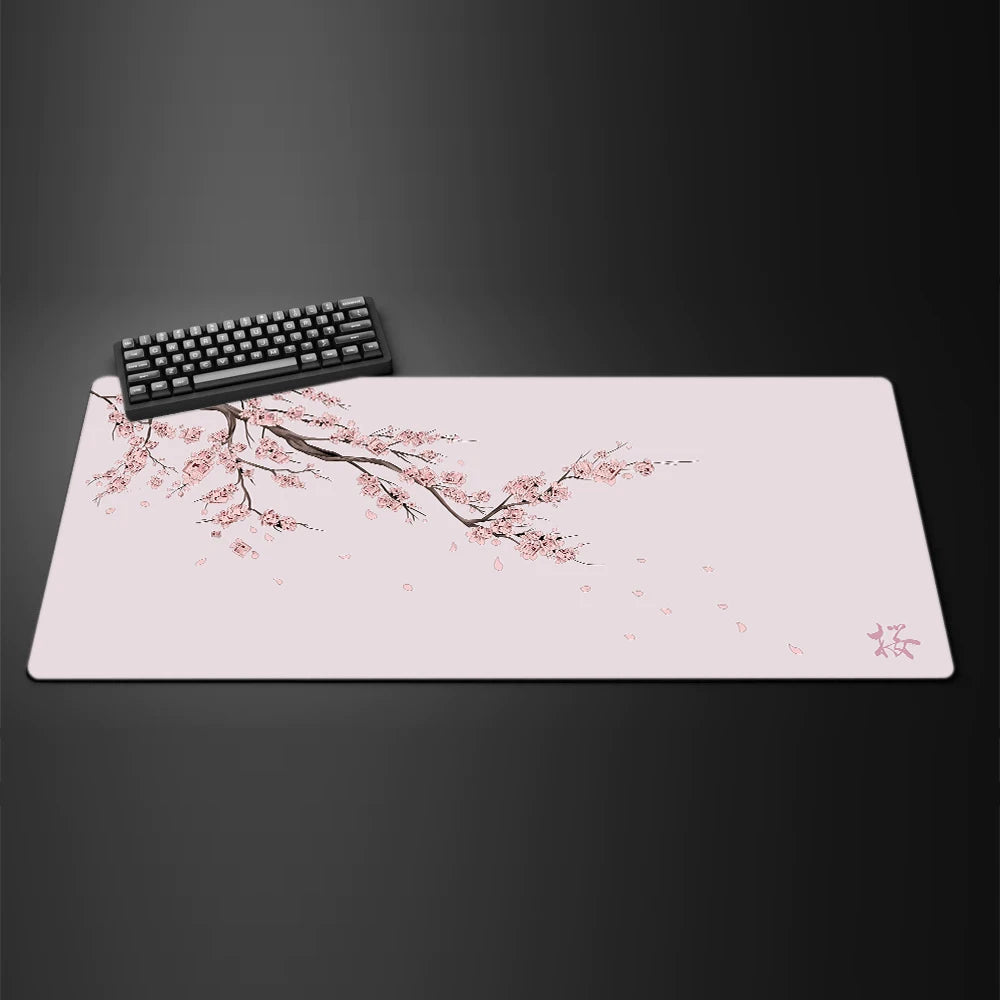 Black desk mat with a purple cherry blossom design, view 8
