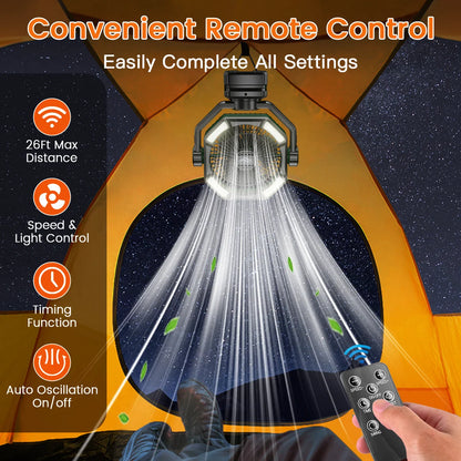 Camping Fan 20000mAh Rechargeable Battery Operated Fan | Dual Motor Clip Fan with LED Lantern, Remote Control, Digital Display & 270° Rotation Outdoor Portable Fan for Tent, Travel & Home