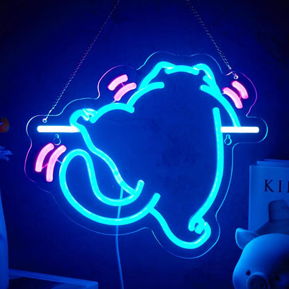 Neon sign of a pig with sound waves on a dark background