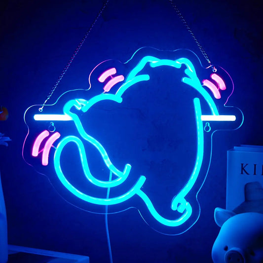 Neon sign of a pig with sound waves on a dark background