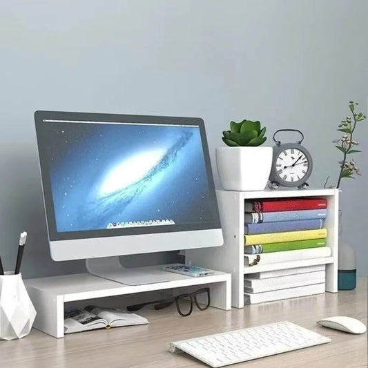 Laptop and monitor riser in black, white or wood finish, view 2