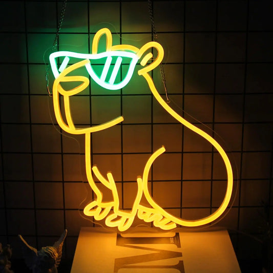 Neon sign of a dog drinking from a beer mug against a tiled wall.