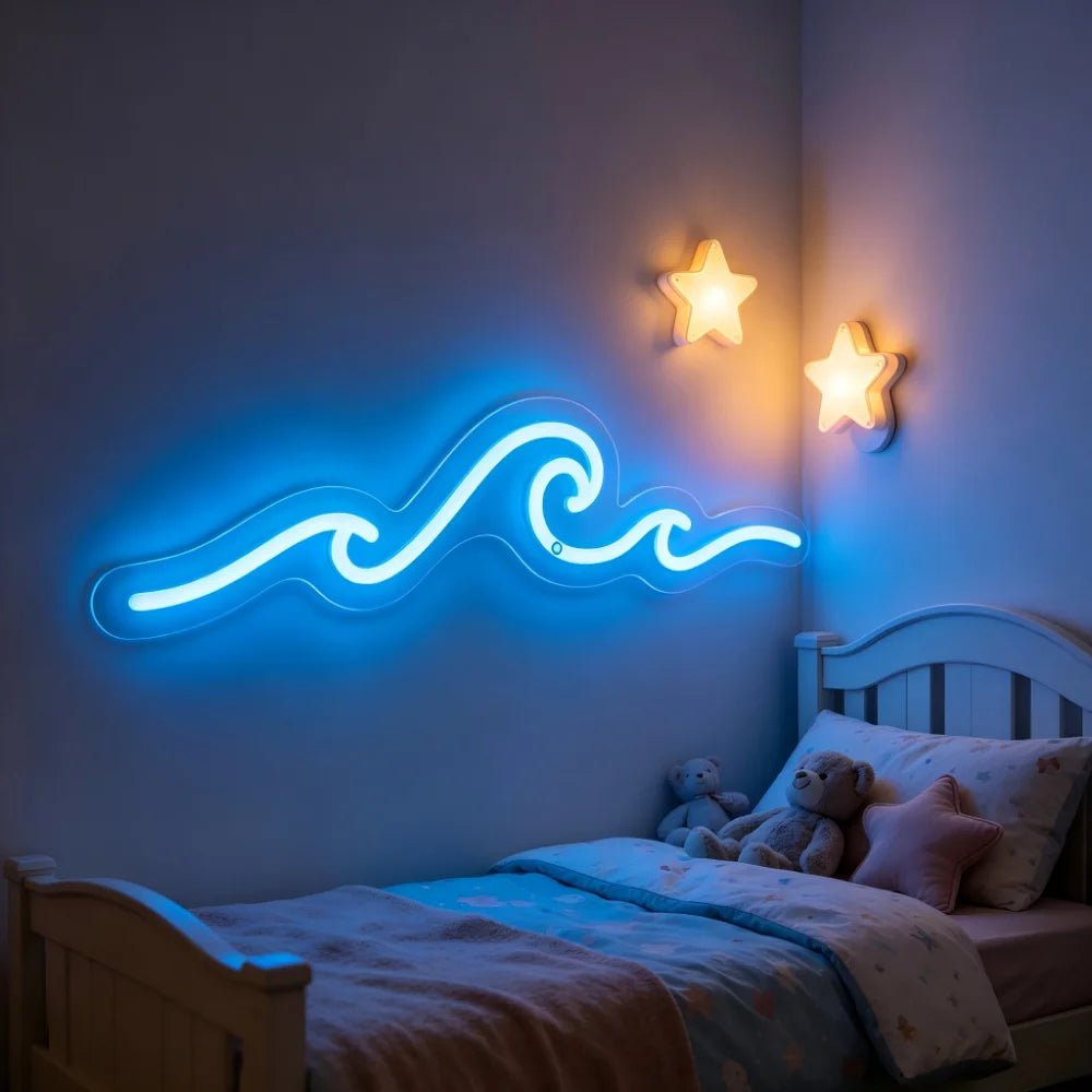 Neon wave light on a wall above a bed with teddy bears and pillows.