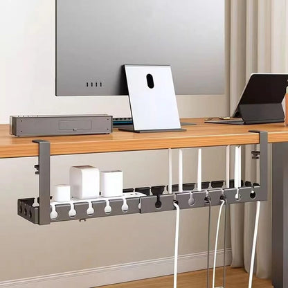 Cables tidied into the retractable under desk rack