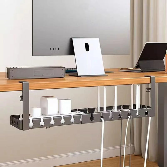 Cables tidied into the retractable under desk rack