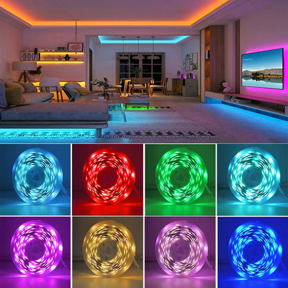 RGB strip light glowing along bedroom ceiling