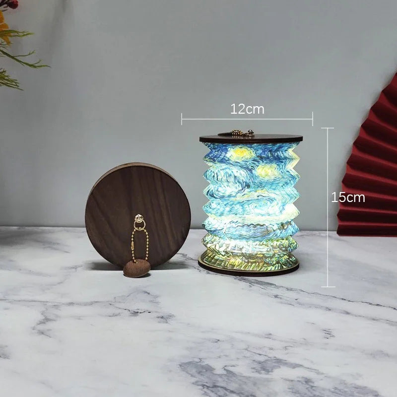 Portable lantern lamp held in a hand for scale