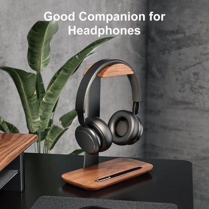 Wooden headphone stand with an aluminium stem and a storage base, view 2