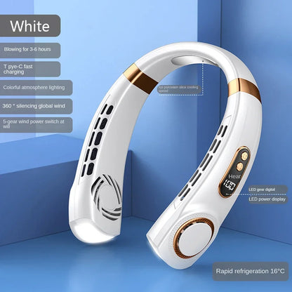 Bladeless Neck Fan Rechargeable, Portable Hands-Free USB Neck Fan with LED Digital Display, 5 Speed Settings, Colourful Atmosphere Light, Quiet Wearable Personal Fan for Home, Office, Outdoor and Travel