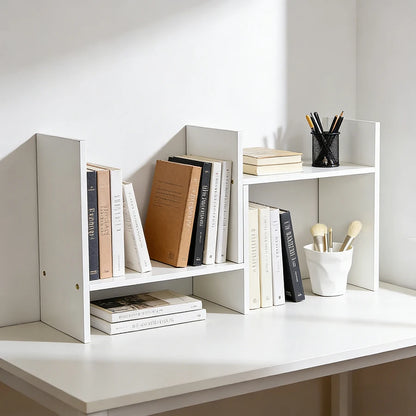 White adjustable desk bookshelf, expandable multi tier, view 12