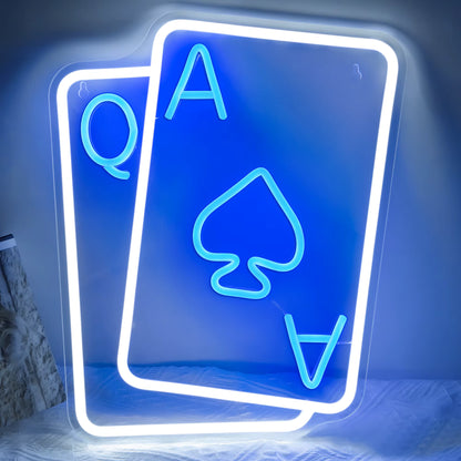 Poker neon light glowing in casino themed room