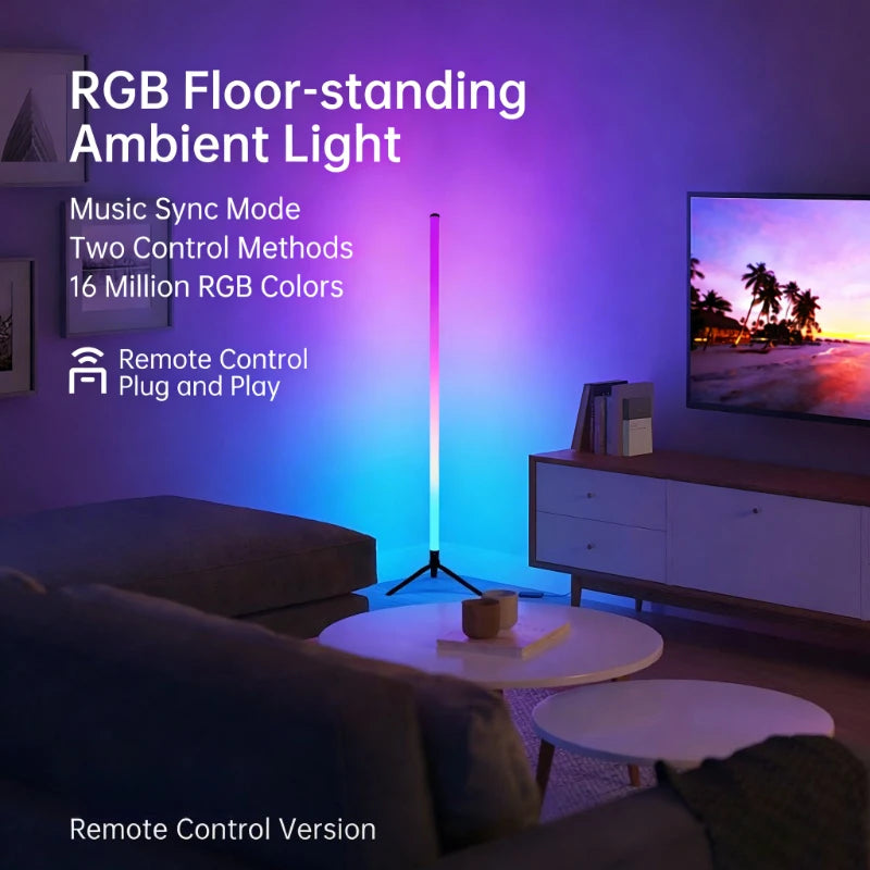 LED RGB floor lamp bar displaying vibrant colors, music sync lighting for e-sports room atmosphere