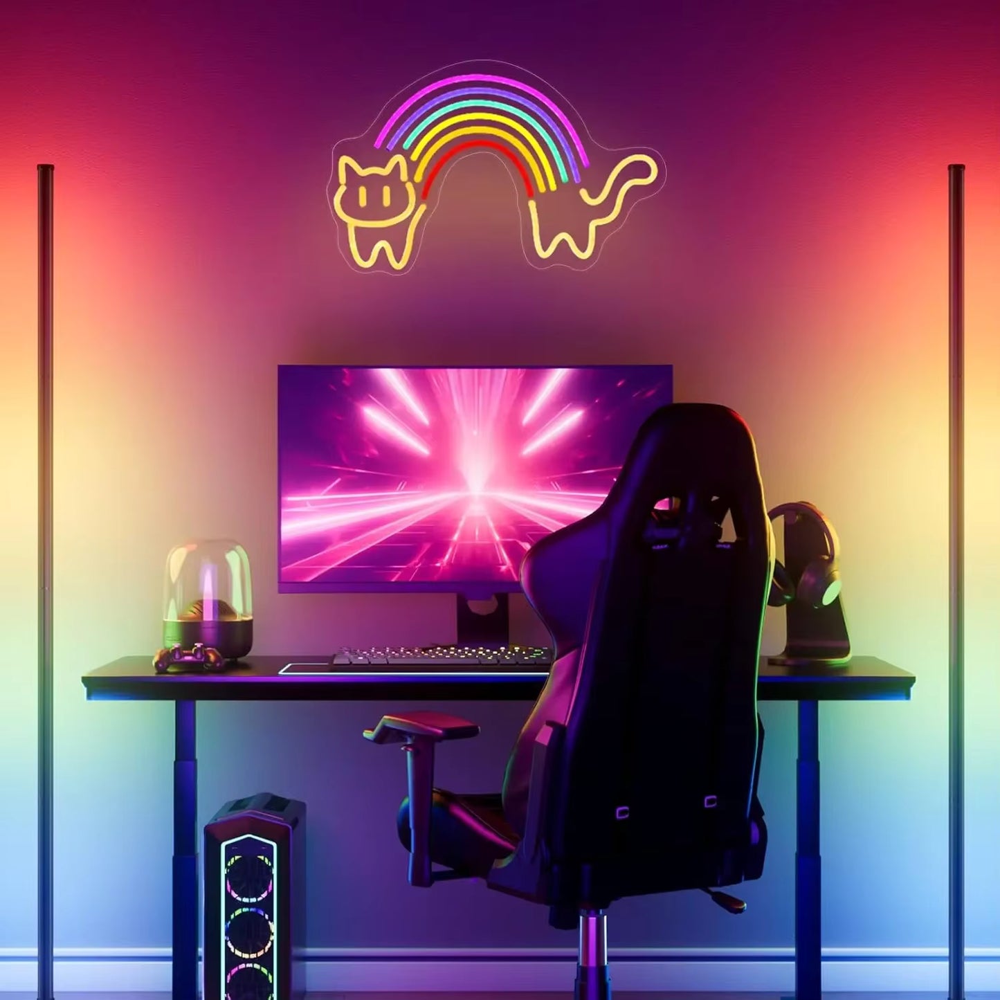 Cute cat LED neon light glowing in kids room