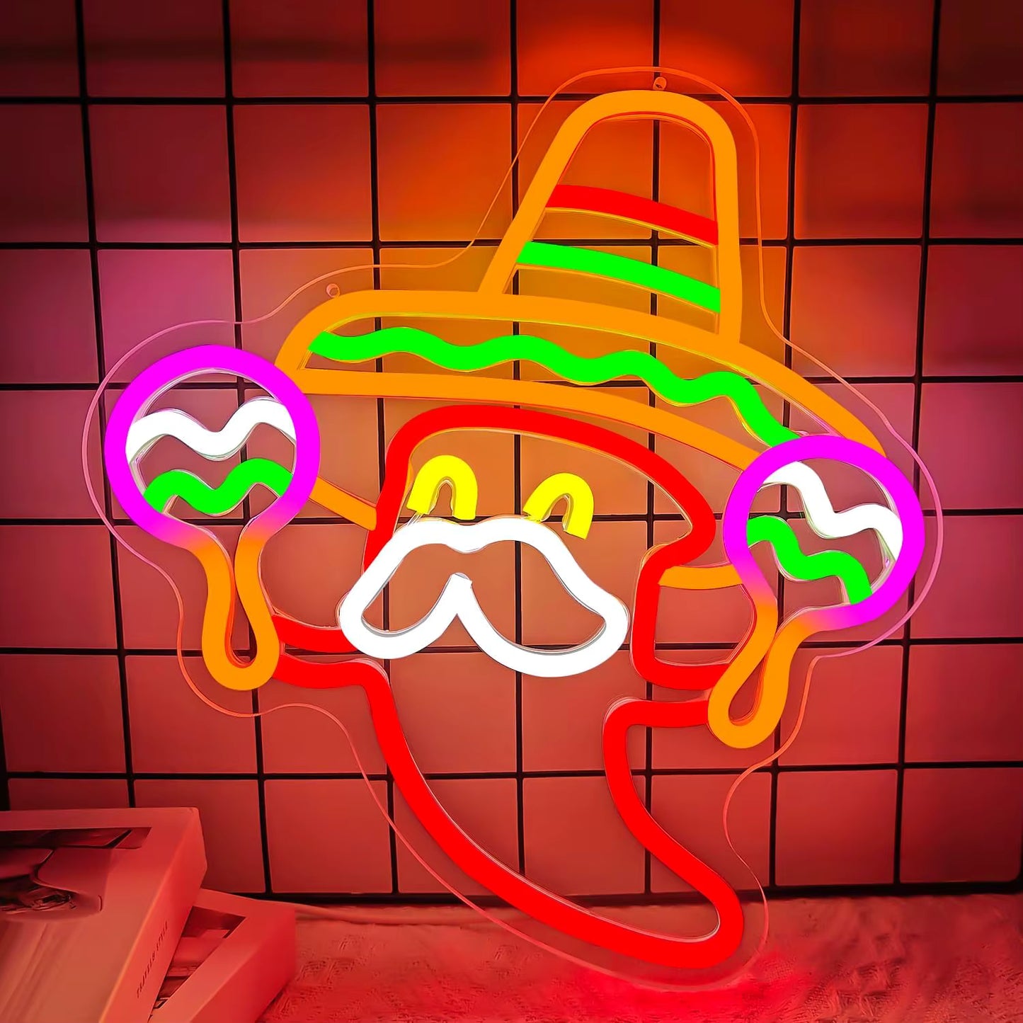 Mexican chilli neon sign maracas sombrero LED light