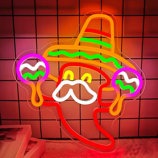 Mexican chilli neon sign maracas sombrero LED light
