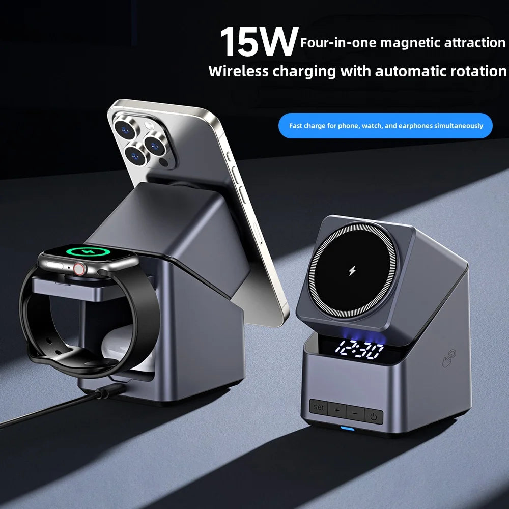 Magnetic 4 in 1 wireless charger with a digital clock, view 6