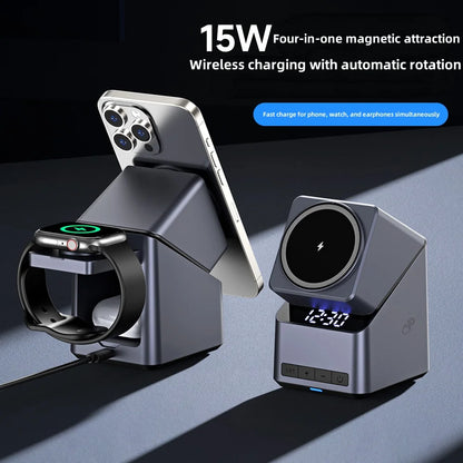 Magnetic 4 in 1 wireless charger with a digital clock, view 6