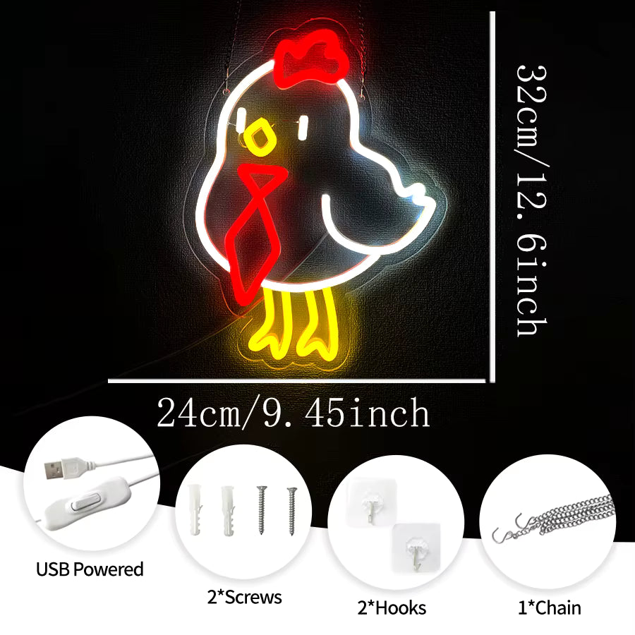 Rooster with tie cartoon neon wall light close up
