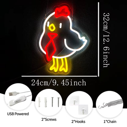 Rooster with tie cartoon neon wall light close up