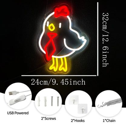 Neon chicken sign with dimensions and accessories on a black background