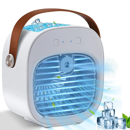 Portable air cooler with brown handle and blue lights on a white background