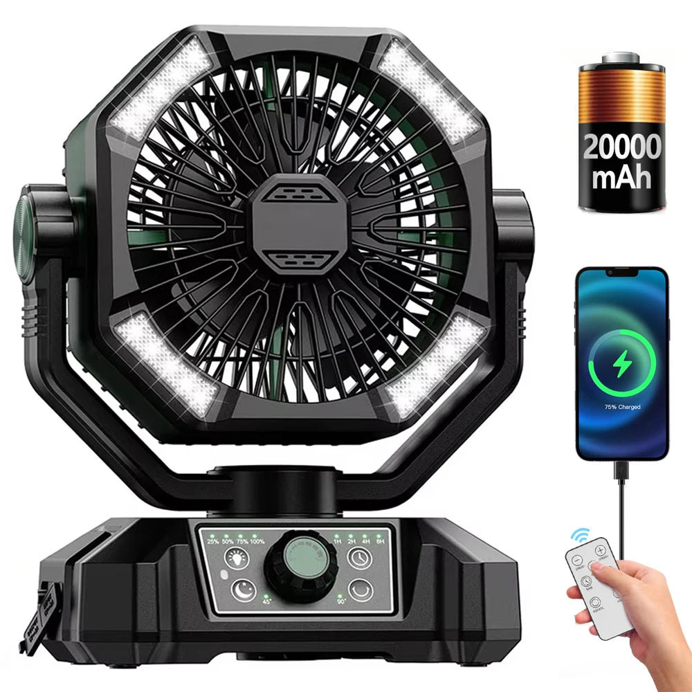 Camping Fan 20000mAh Rechargeable Battery Operated Fan | Dual Motor Clip Fan with LED Lantern, Remote Control, Digital Display & 270° Rotation Outdoor Portable Fan for Tent, Travel & Home