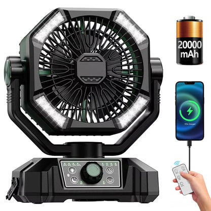 Camping Fan 20000mAh Rechargeable Battery Operated Fan | Dual Motor Clip Fan with LED Lantern, Remote Control, Digital Display & 270° Rotation Outdoor Portable Fan for Tent, Travel & Home