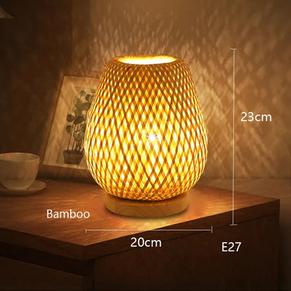 Bamboo woven lamp switched off showing the natural finish