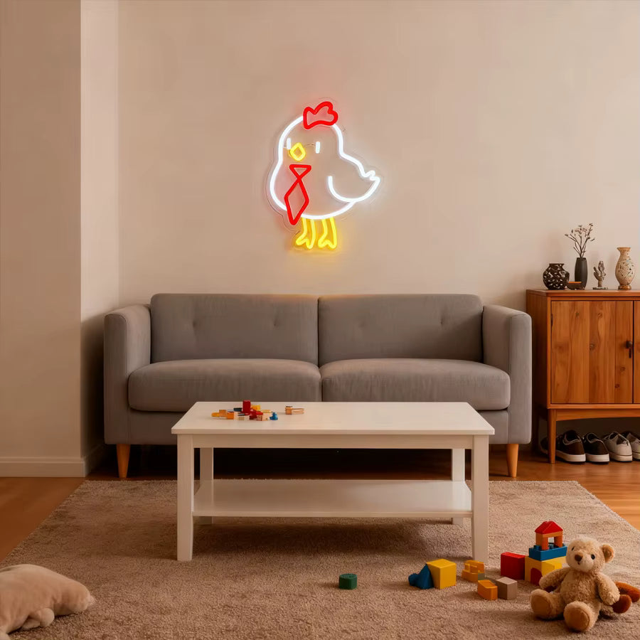 Rooster neon sign bedroom wall installation
