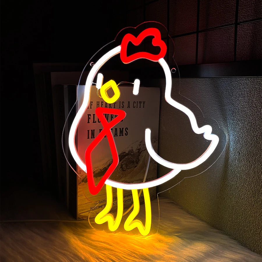 Neon chicken-shaped light on a dark background