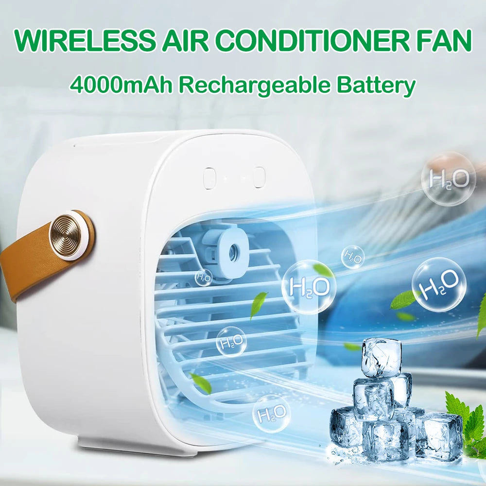Wireless air conditioner fan with 4000mAh rechargeable battery on a light gray background