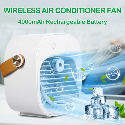 Wireless air conditioner fan with 4000mAh rechargeable battery on a light gray background