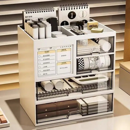 Plastic pen holder with drawers, desktop stationery organiser