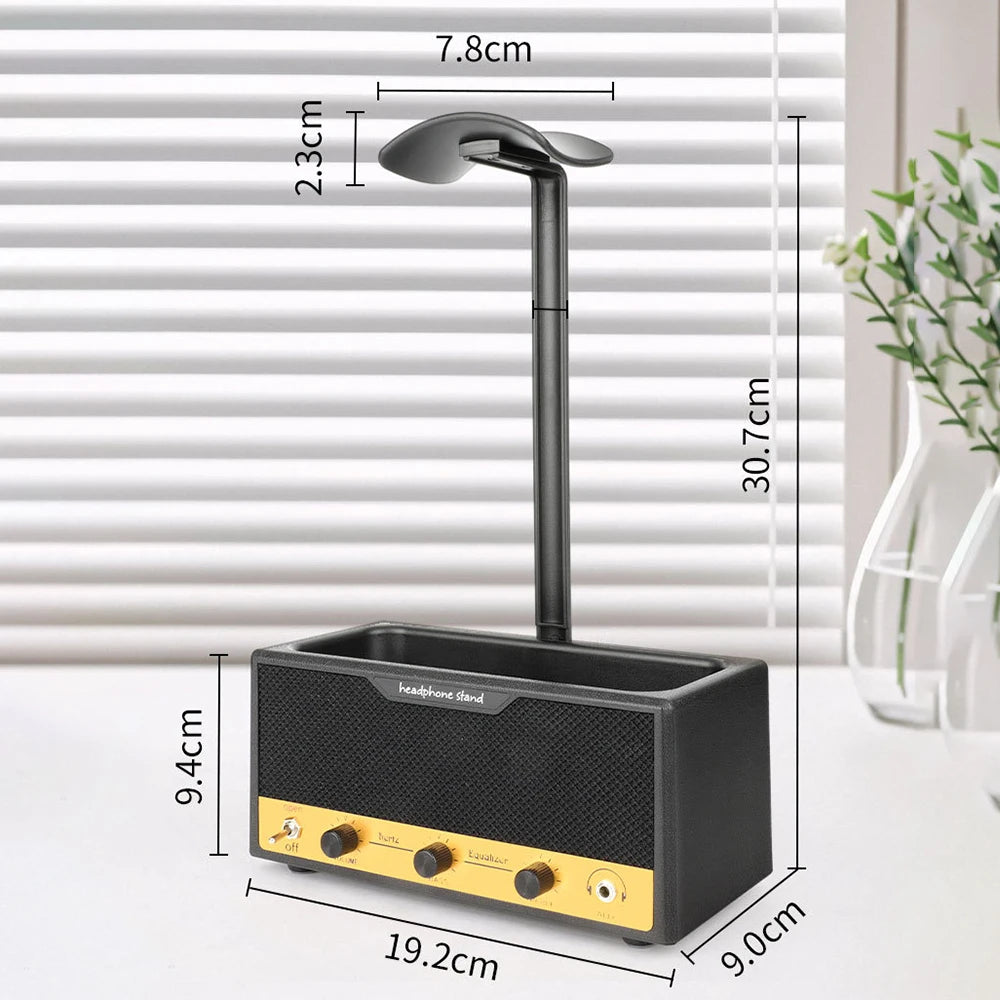 Wide black headphone stand with a full support bar, view 6