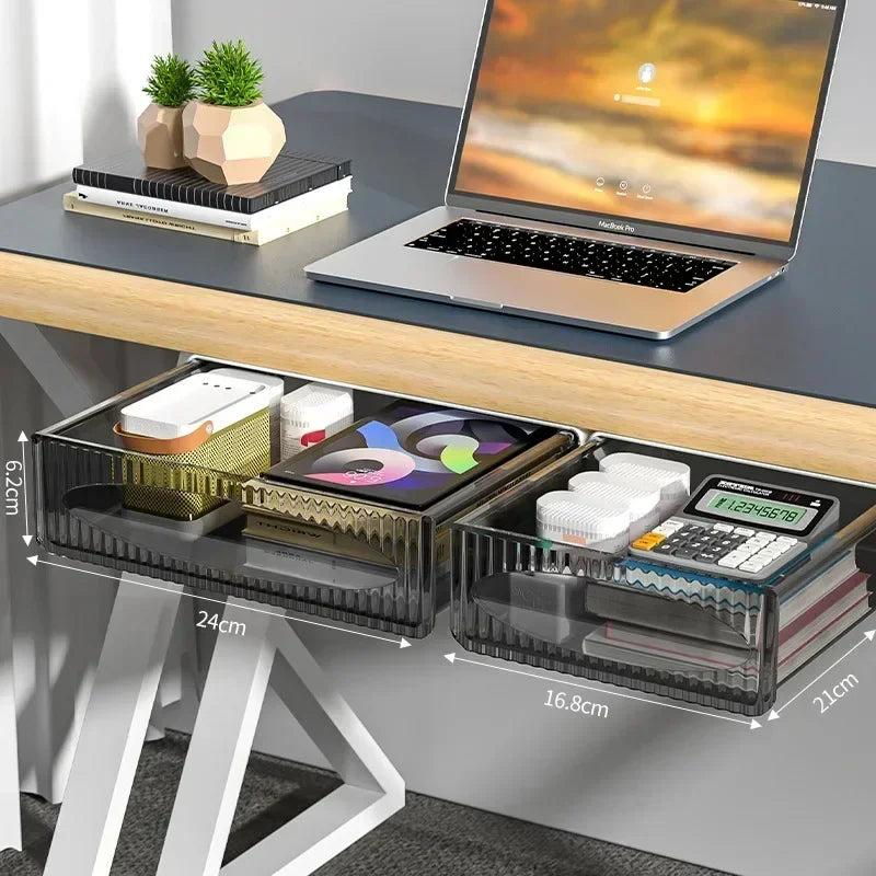 Pull out storage drawer for under a desk top, view 2