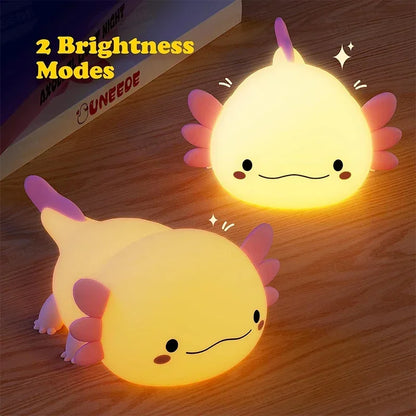 Axolotl night light showing 2 brightness levels, flicker-free LED for kids bedroom lighting