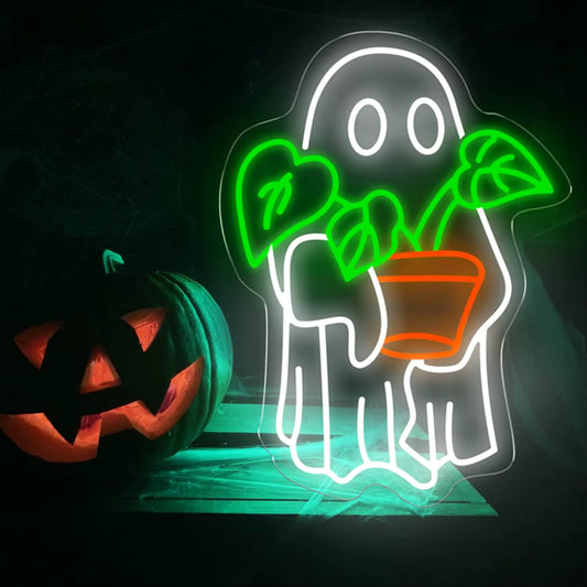 Ghost holding plant neon sign USB dimmable LED