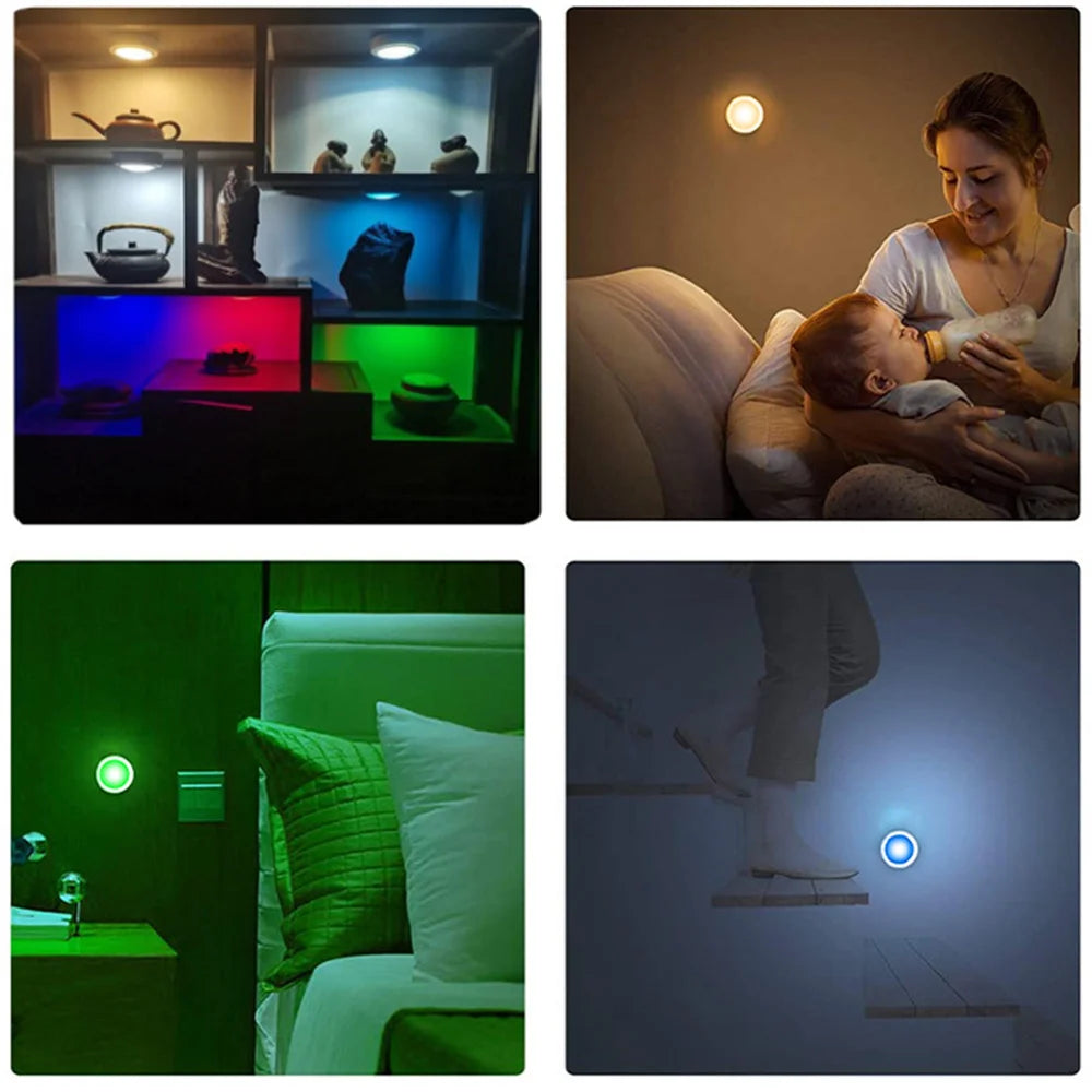 Collage of a colorful LED light strip on shelves, a woman holding a baby, a green light on a wall, and a blue light on the floor.