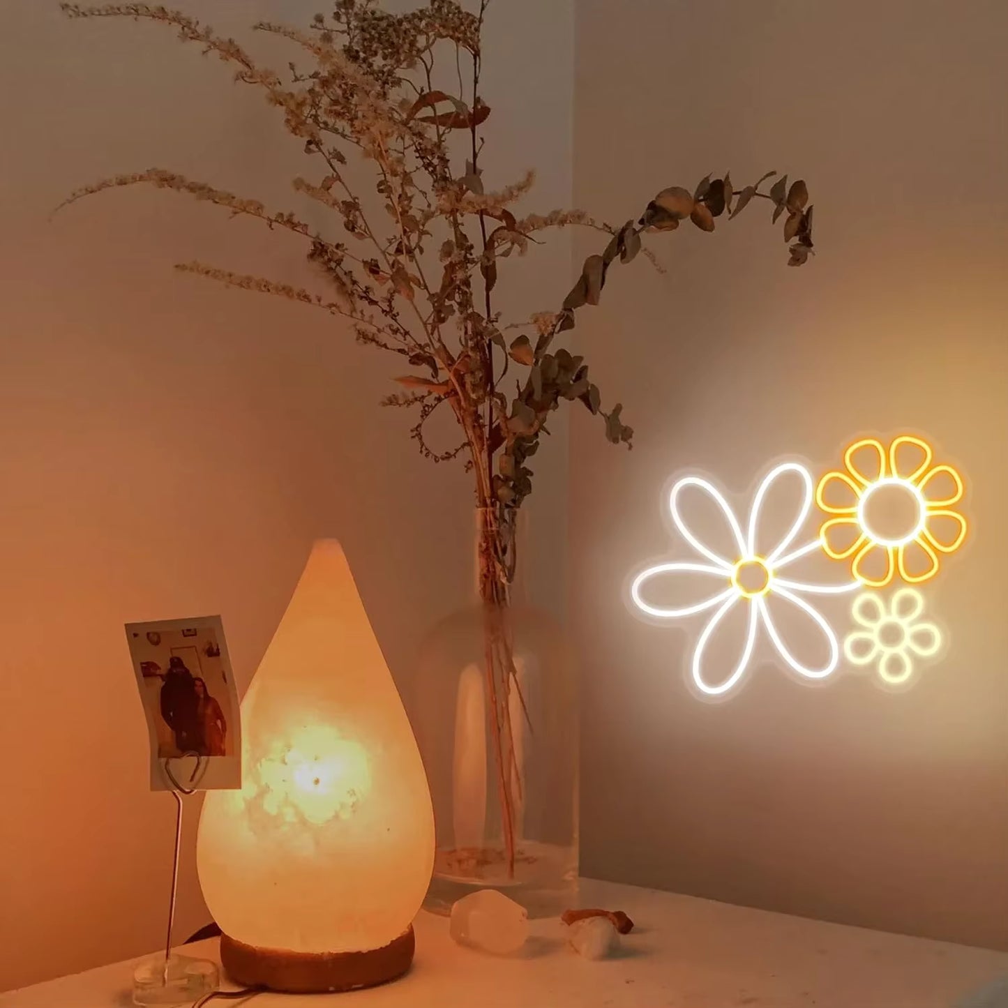 Botanical neon light glowing in bedroom decor