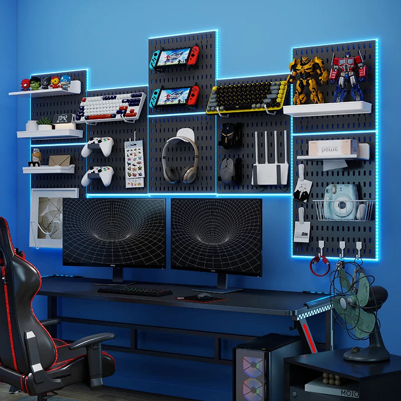 Black gaming pegboard wall organiser with holders, view 2