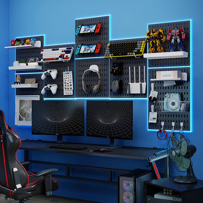 Black gaming pegboard wall organiser with holders, view 2